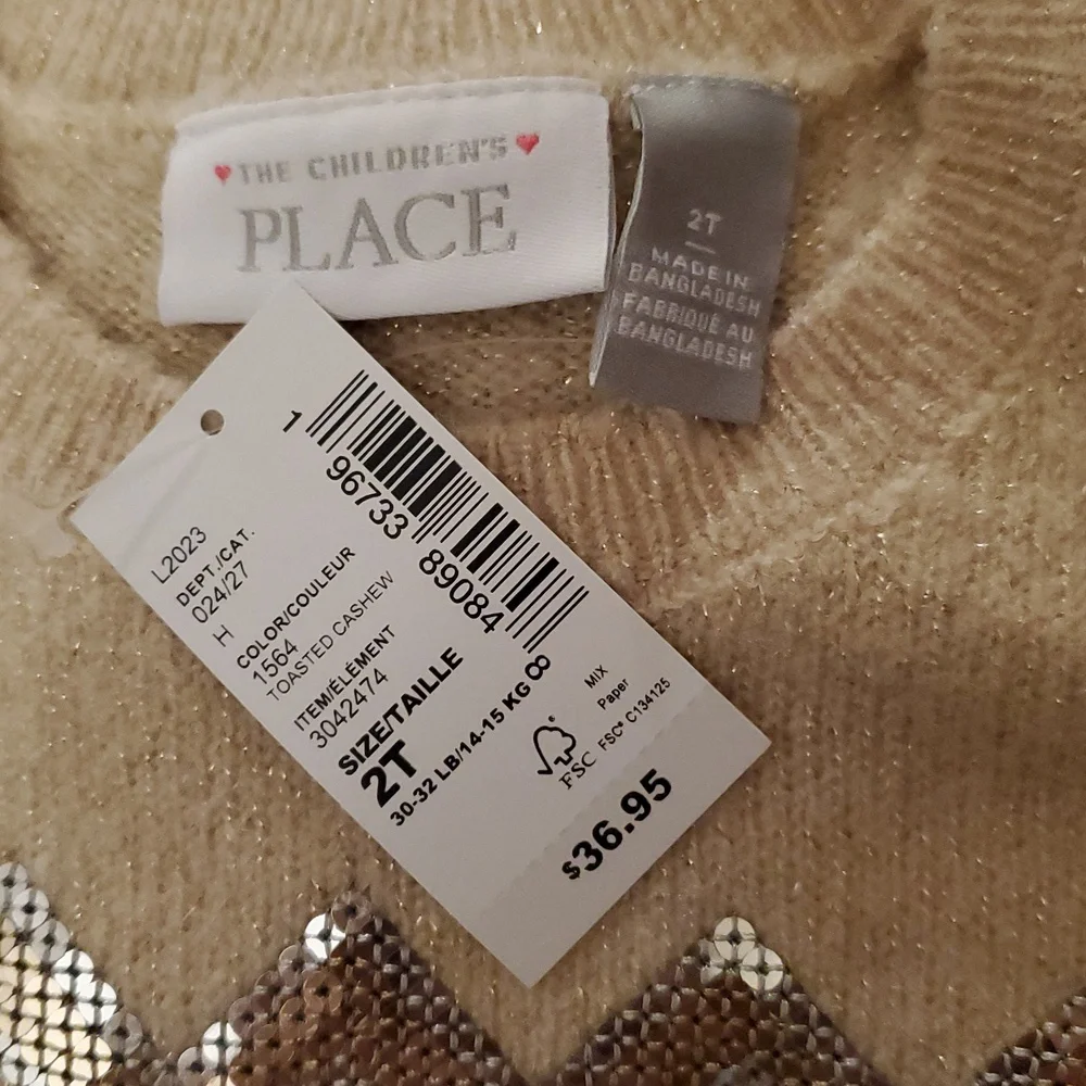 NWT The Children's Place Toddler Girls Toasted Cashew Sequin Hearts Sweater - 2T